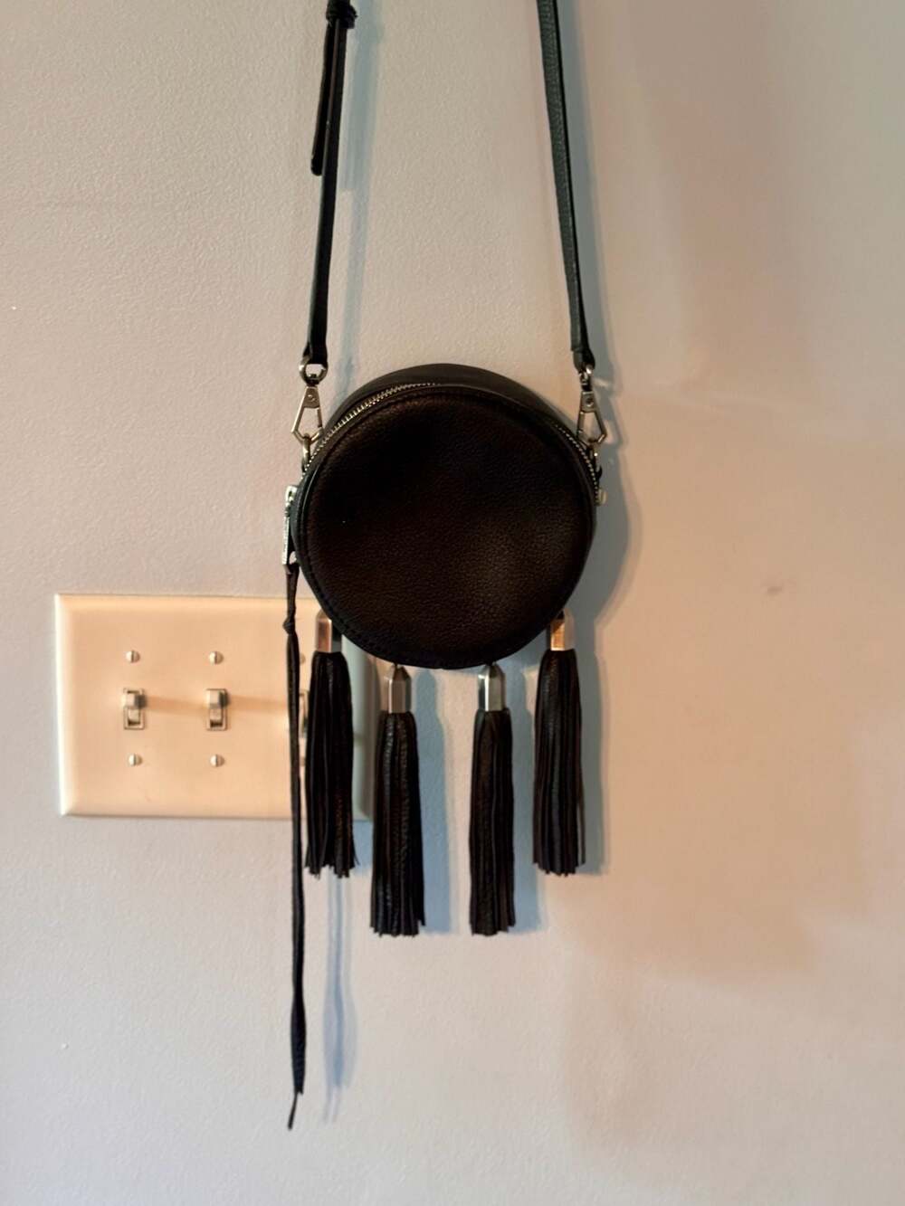 Boho Festival Tassel Circle Crossbody Bag | Black Leather Fringe Purse - Picture 2 of 10